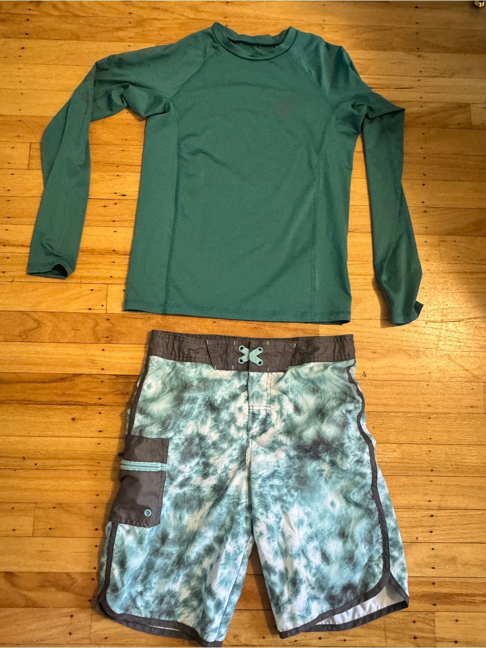 Teal Long Sleeve Rash Guard & Teal Tie-Dye Swim Shorts